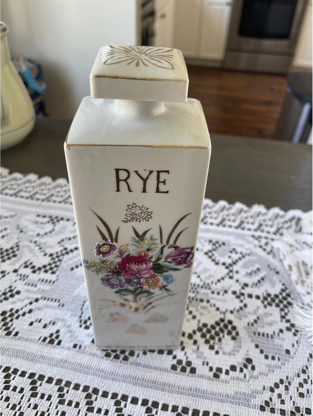 Rare  RYE Liquor Decanter With Floral design And Cork Stopper
